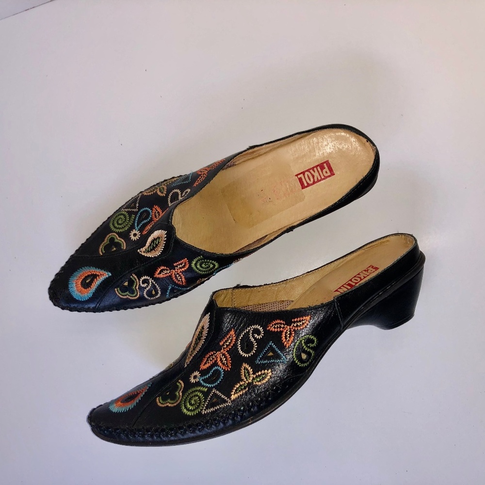 Pikolinos Black Leather Embroidered Mules - Size 37 or US 7
